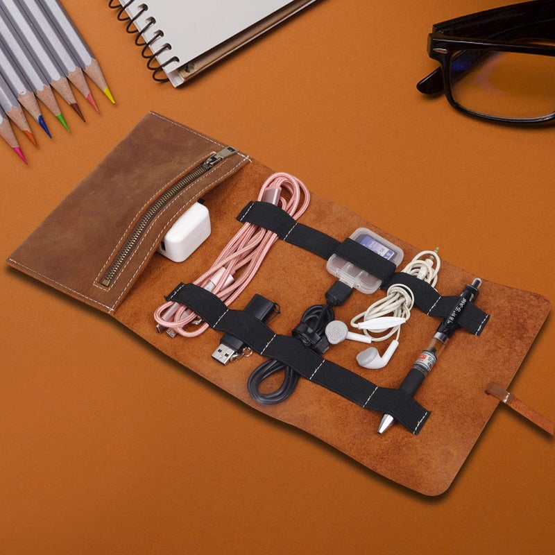 QEES Cable Organizer,Travel Organizer Electronics Organizer,Leather Charge Organizer Roll Bag,Travel Cord Organizer Tec Cable Organizer Bag Travel Case For Cable Charger Phone USB Headphone. (10 Slots) - Image 1